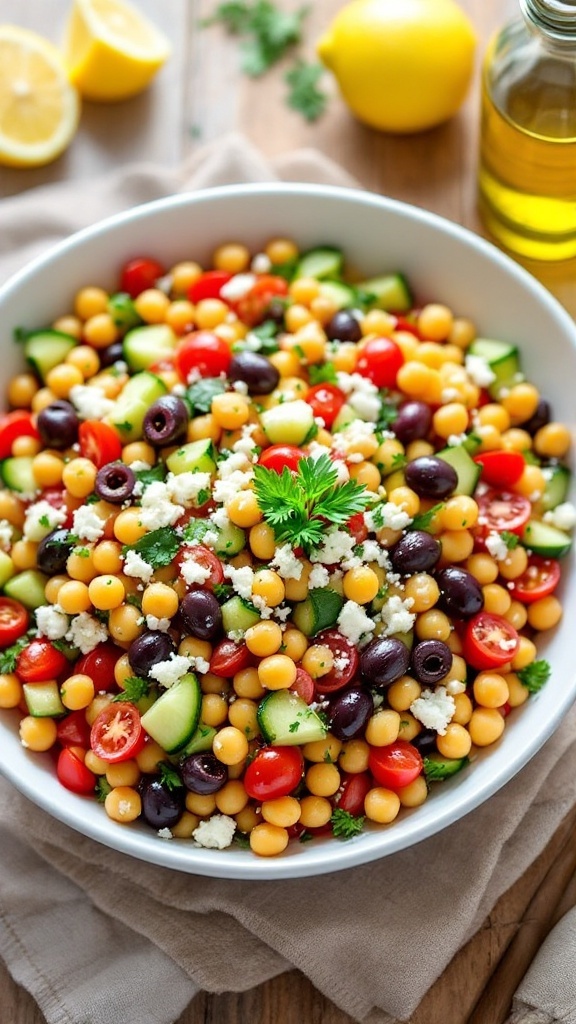 Mediterranean Chickpea Salad with cucumbers, cherry tomatoes, olives, and feta cheese in a bowl on a wooden table.